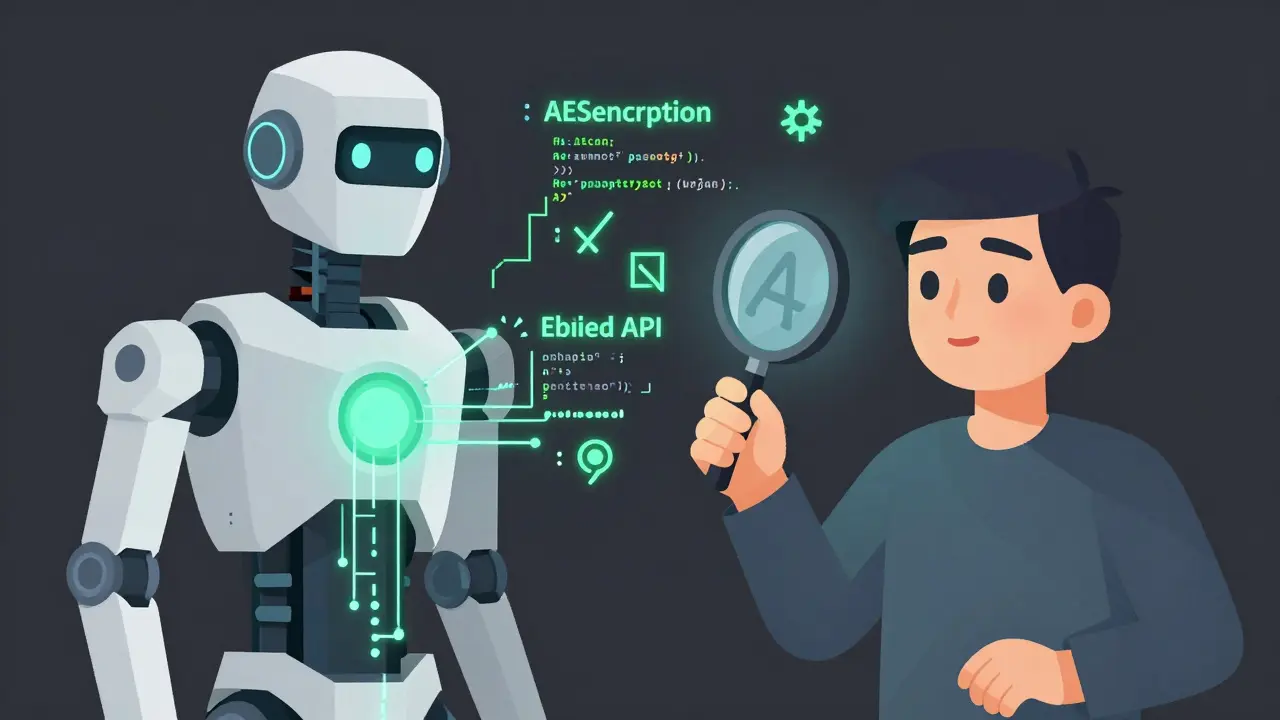 AI assistant generating code while a human developer discovers hidden threats like API leaks and prompt injection.