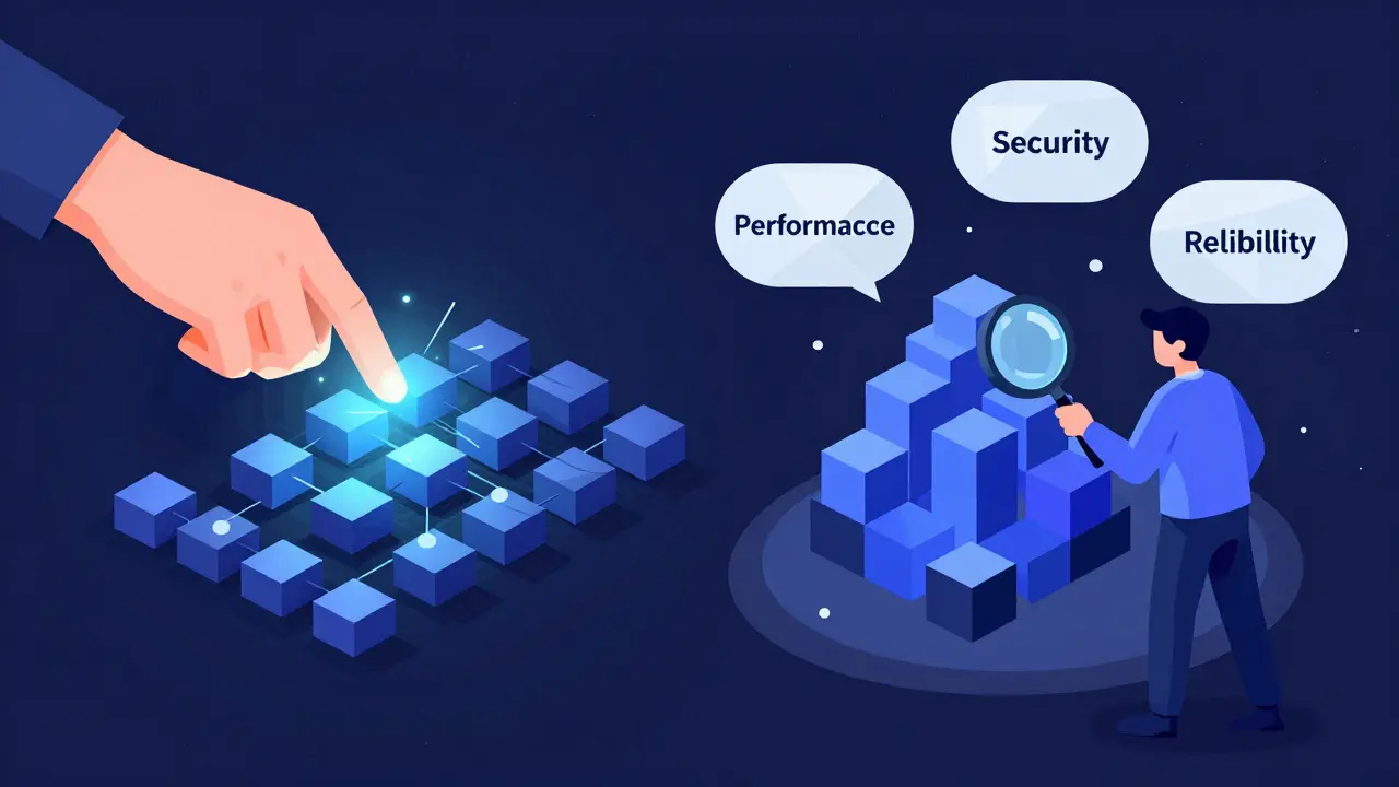 AI scanning a codebase while a human reviewer focuses on architectural decisions using geometric visualizations.