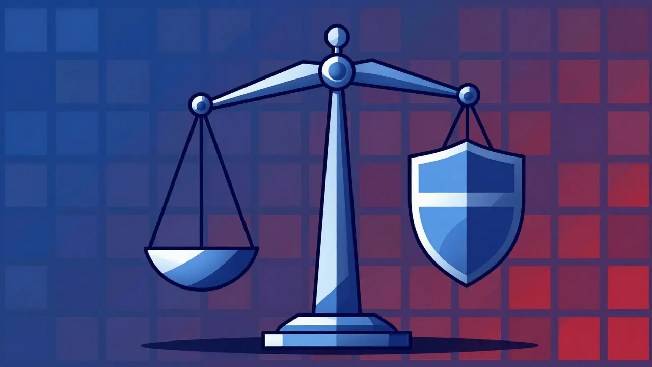 Balance scale showing bias versus governance with version grid.