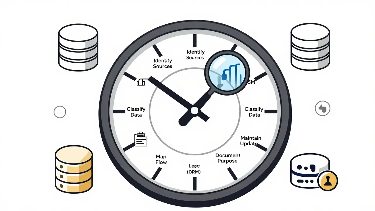 Clock face with twelve phases of data mapping, icons floating around, revealing hidden legacy data pipes.