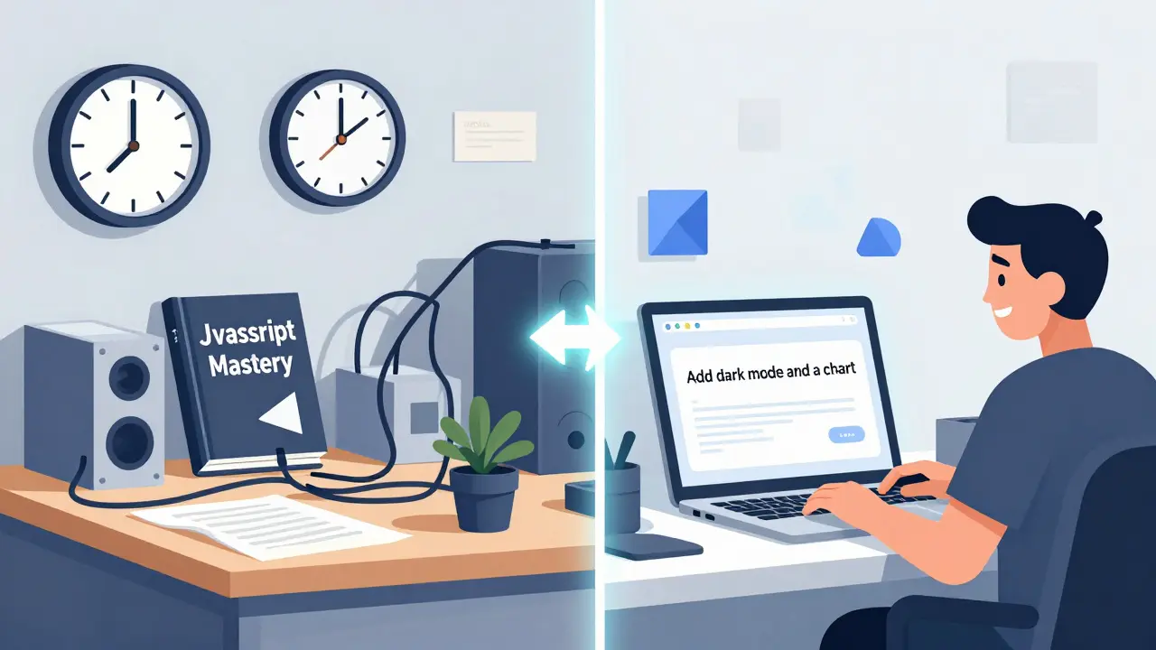 Contrast between a chaotic old coding setup and a minimalist modern vibe coding workflow with one prompt and instant results.