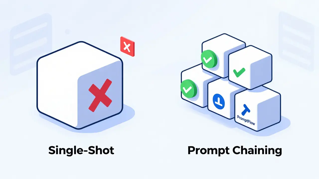 Contrasting geometric icons: one failed single prompt vs. a successful chained workflow.