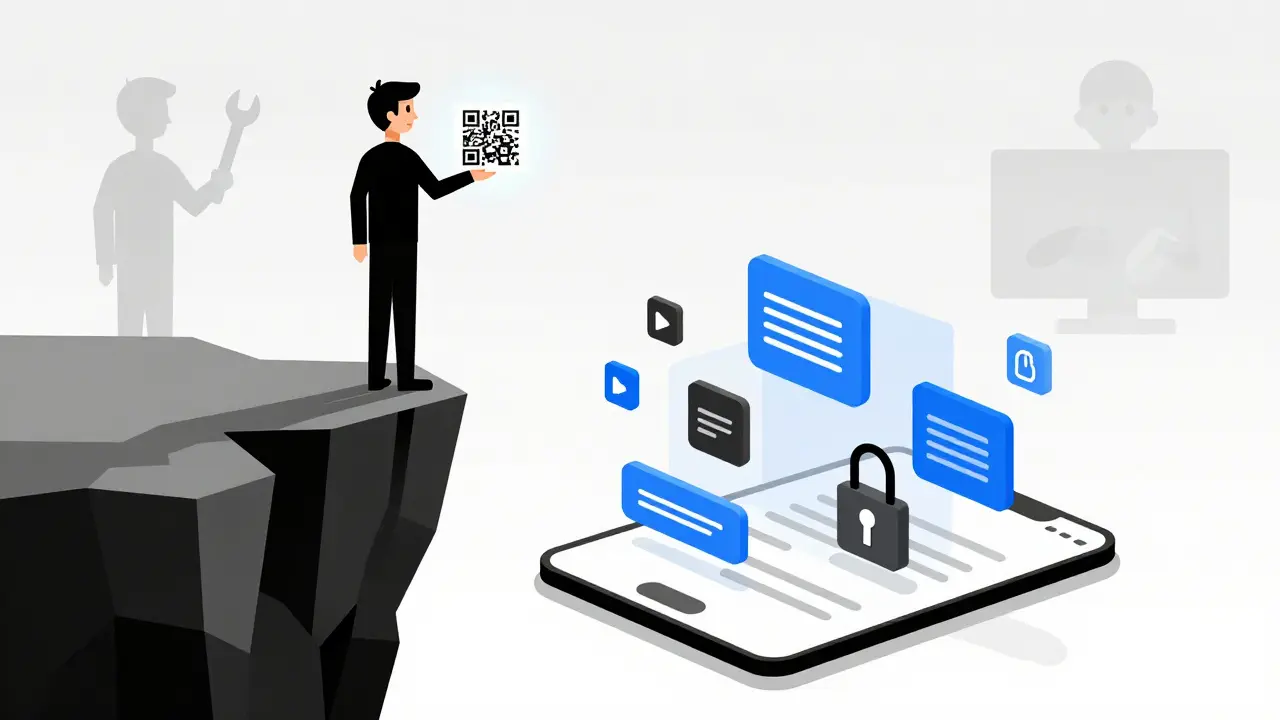 Developer at edge of digital cliff with glowing QR code leading to a generated app below.