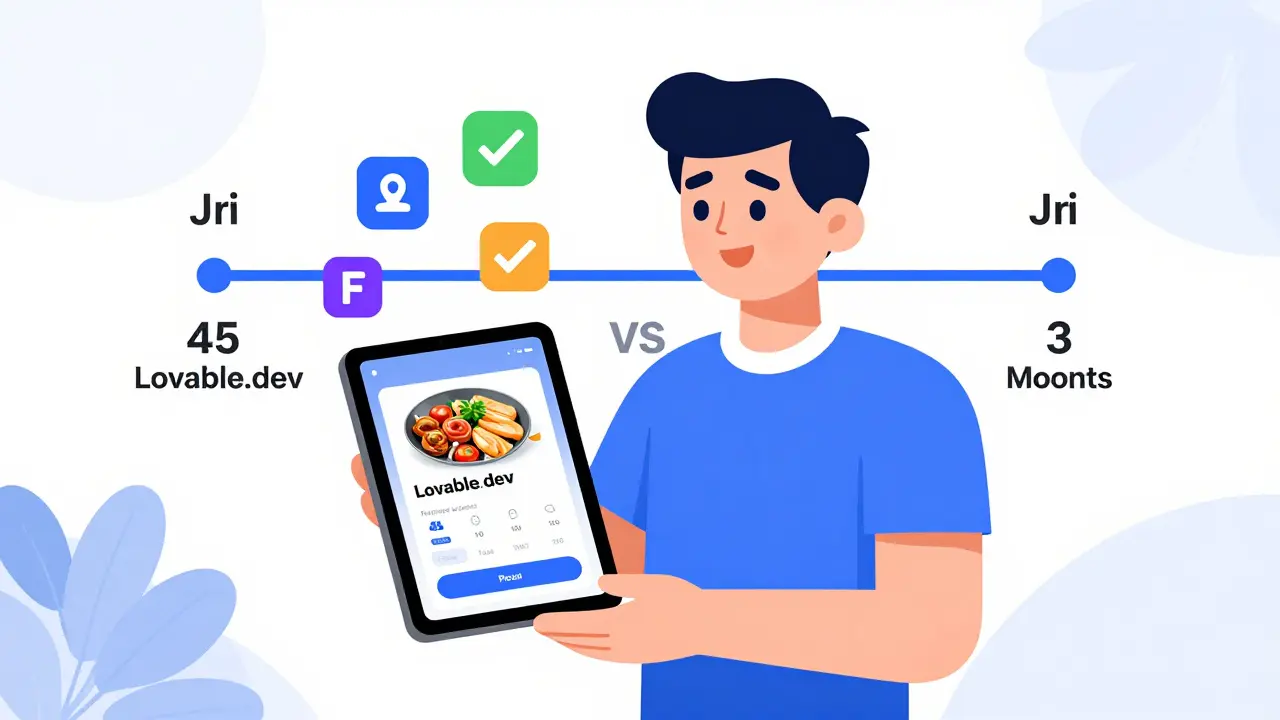 Founder presenting a prototype app generated in minutes, with timeline showing accelerated development.