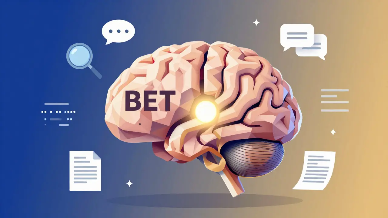 Hybrid AI brain combining BERT and GPT shapes, surrounded by icons of search, chat, legal docs, and code, symbolizing unified NLP power.