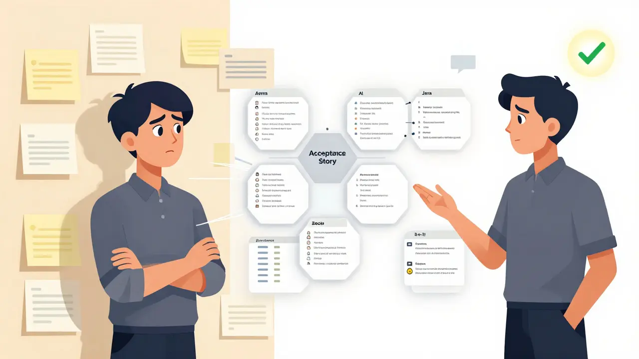 Junior PM comparing chaotic traditional requirements with clean AI-structured user stories in geometric panels.