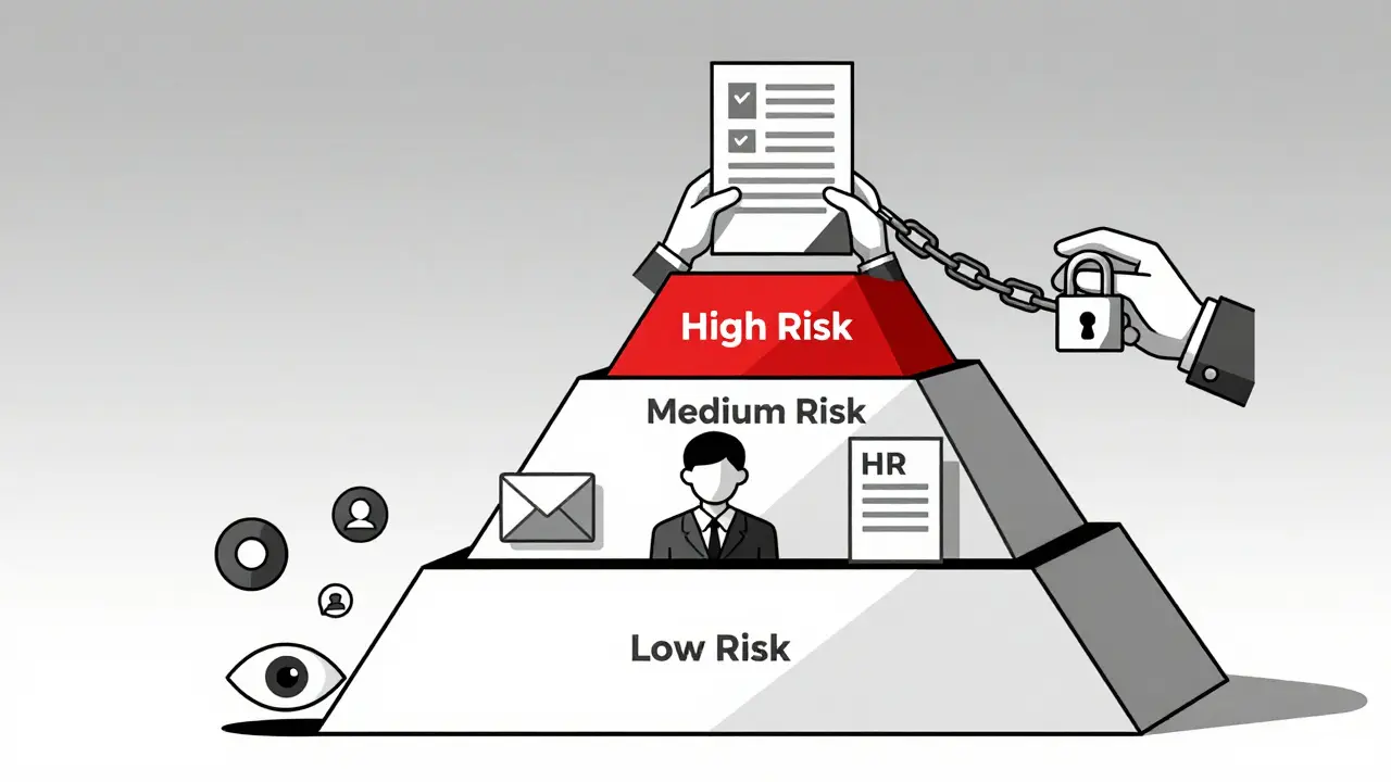 Risk-based pyramid illustrating low, medium, and high AI output review levels with escalating safeguards.