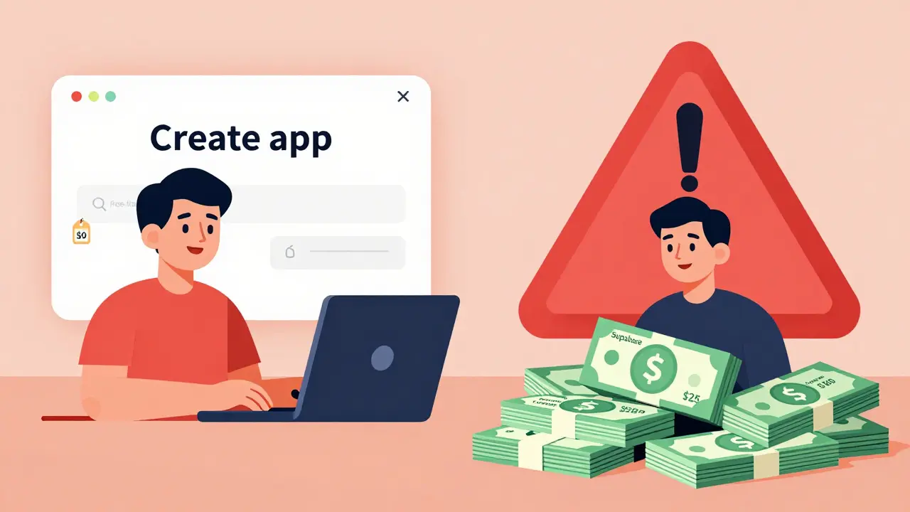 Split scene: free tier on one side, hidden costs like Supabase and overage fees on the other, in geometric illustration style.