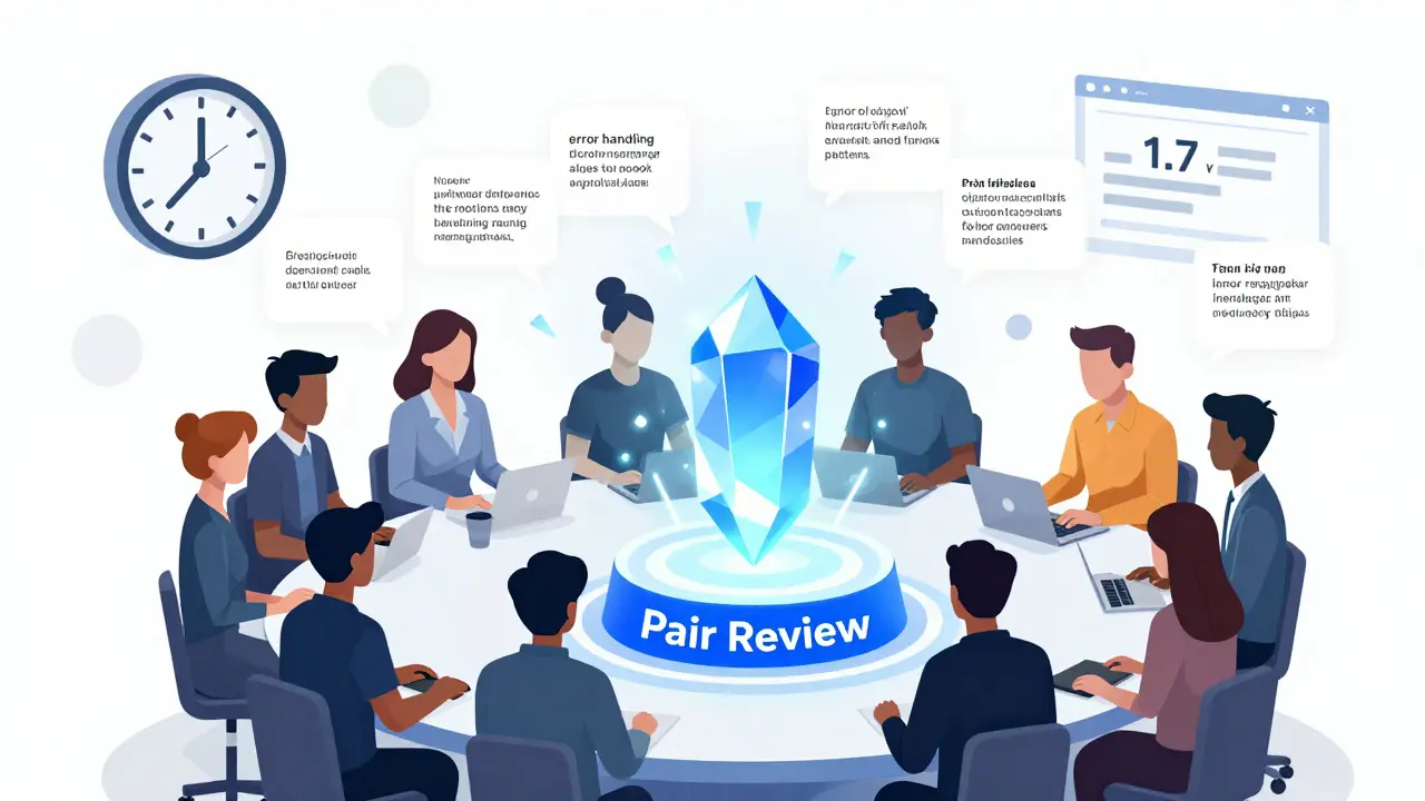 Team learning from AI feedback as geometric tooltips guide junior developers in coding best practices.
