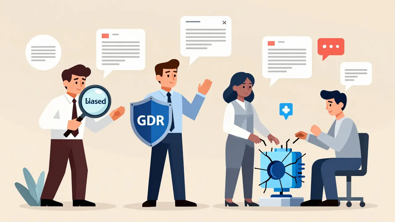 Team of geometric figures collaborating on AI oversight with audit trails and feedback loops in background.