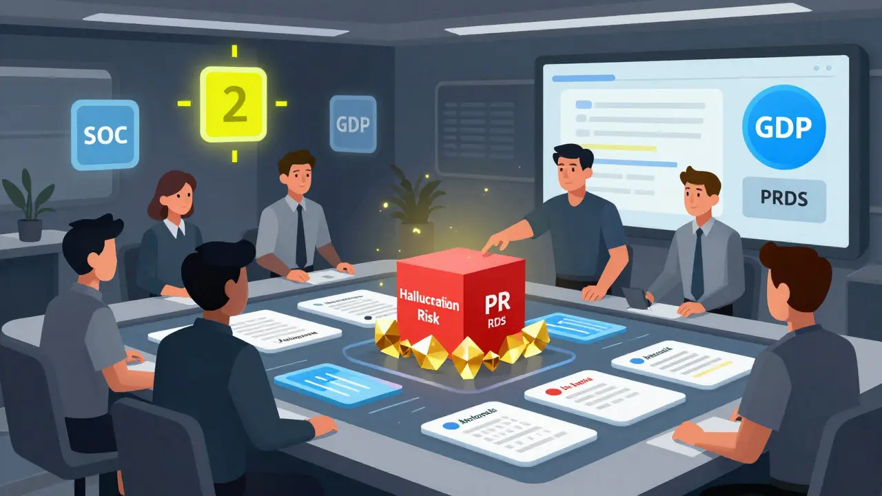 Team reviewing AI-generated product documents as 3D geometric models with compliance and risk indicators.