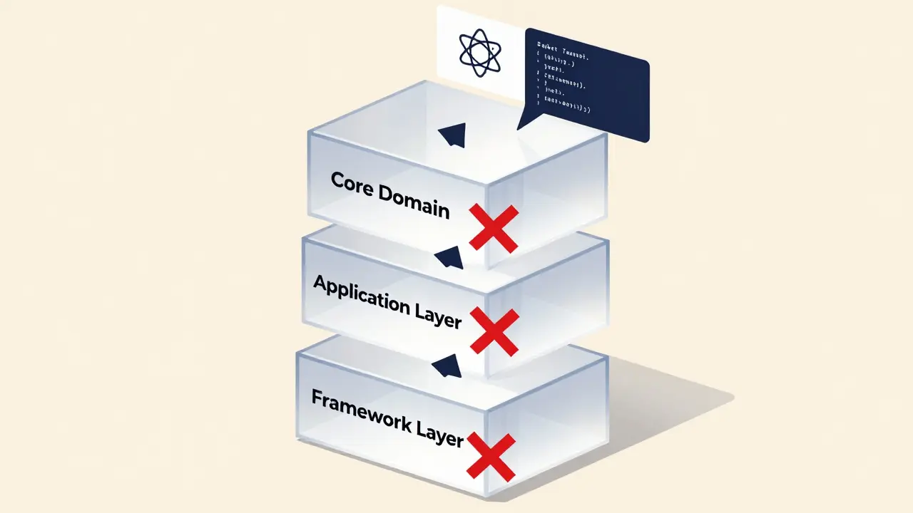 Three transparent layers of code architecture with blocked imports to the core, shown in geometric shapes and bold outlines.