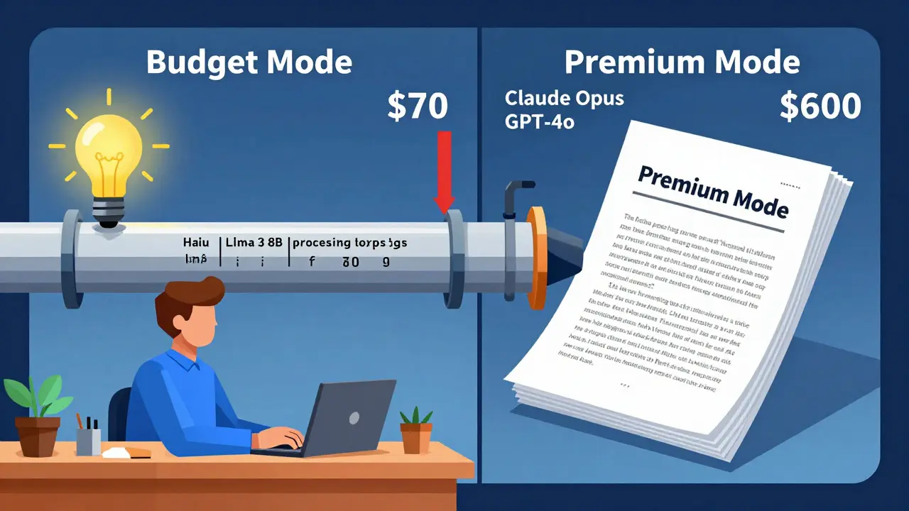 Two pipelines comparing budget and premium LLM models with cost meters showing  vs 0.