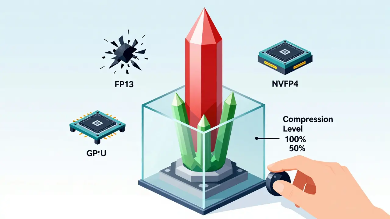 A 7B model's KV cache compared in FP16 (bulky) and NVFP4 (compressed) forms, showing memory efficiency gains.
