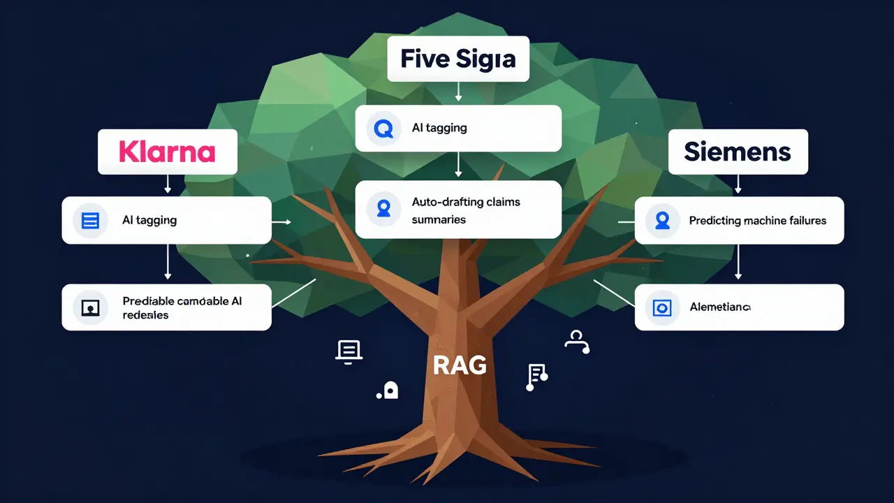 A branching tree showing three companies scaling AI workflows rooted in RAG, with labeled data flows.