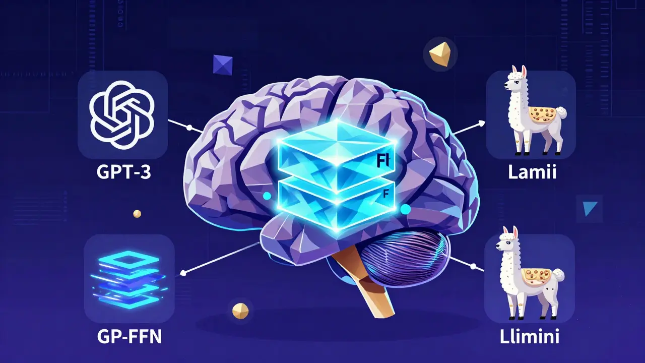 A central two-layer FFN core powering major LLM icons in a stylized geometric AI brain with optimized energy flows.