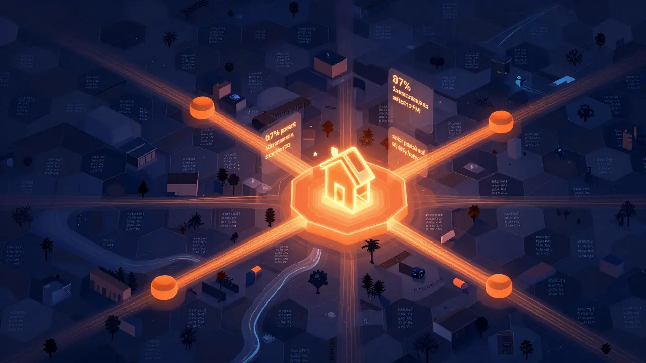 A data-rich neighborhood map with AI-generated insights glowing around a house in bold geometric shapes.
