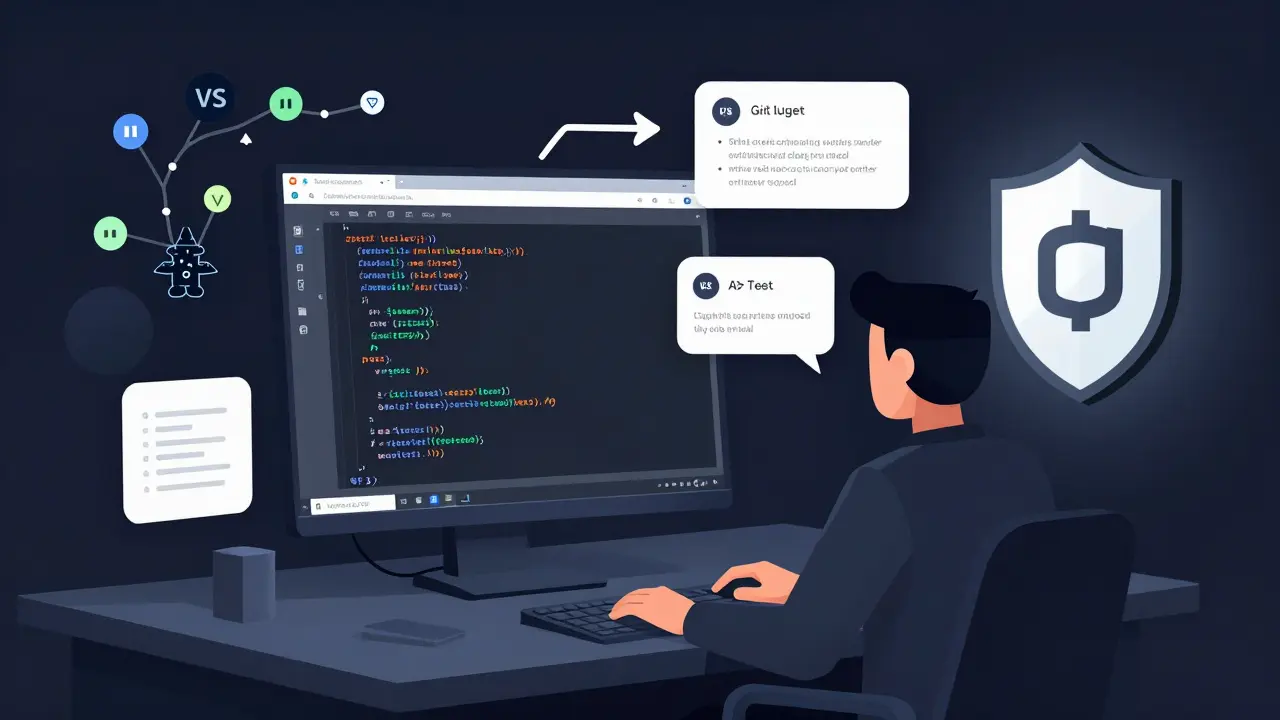 A developer reviewing code with AI suggestions and Git branches, representing Cursor's controlled, deep-code analysis.