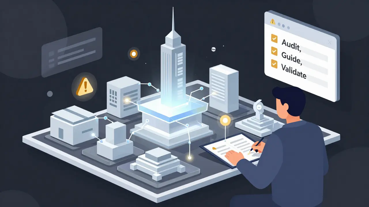 A developer reviews an AI-generated software architecture with transparent components and warning icons.