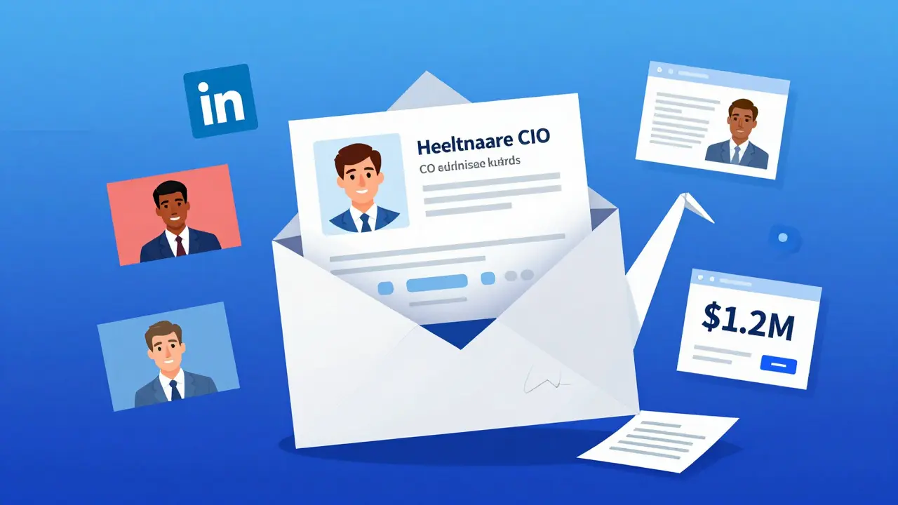 A personalized email unfolds like origami, revealing tailored content tied to a prospect's industry and executive insights.