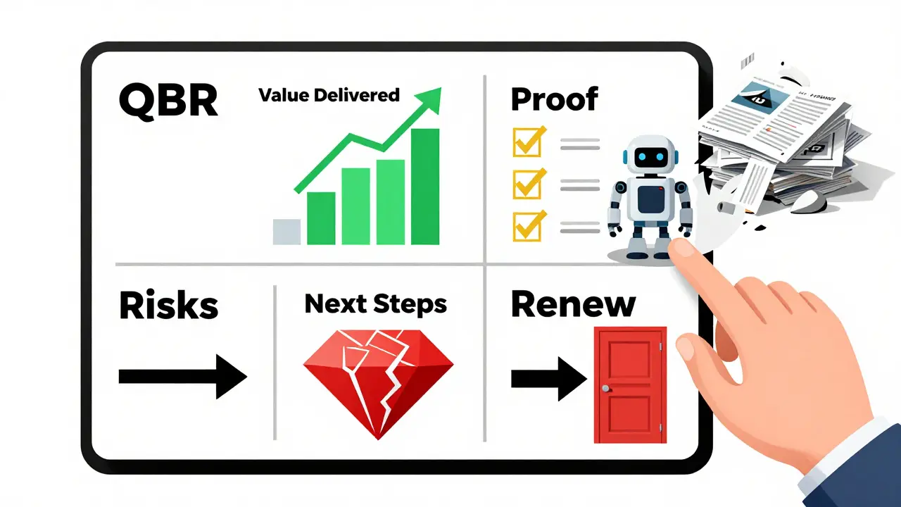 A single-slide QBR with four clear panels shows value, proof, risks, and next steps, while outdated decks crumble in the background.