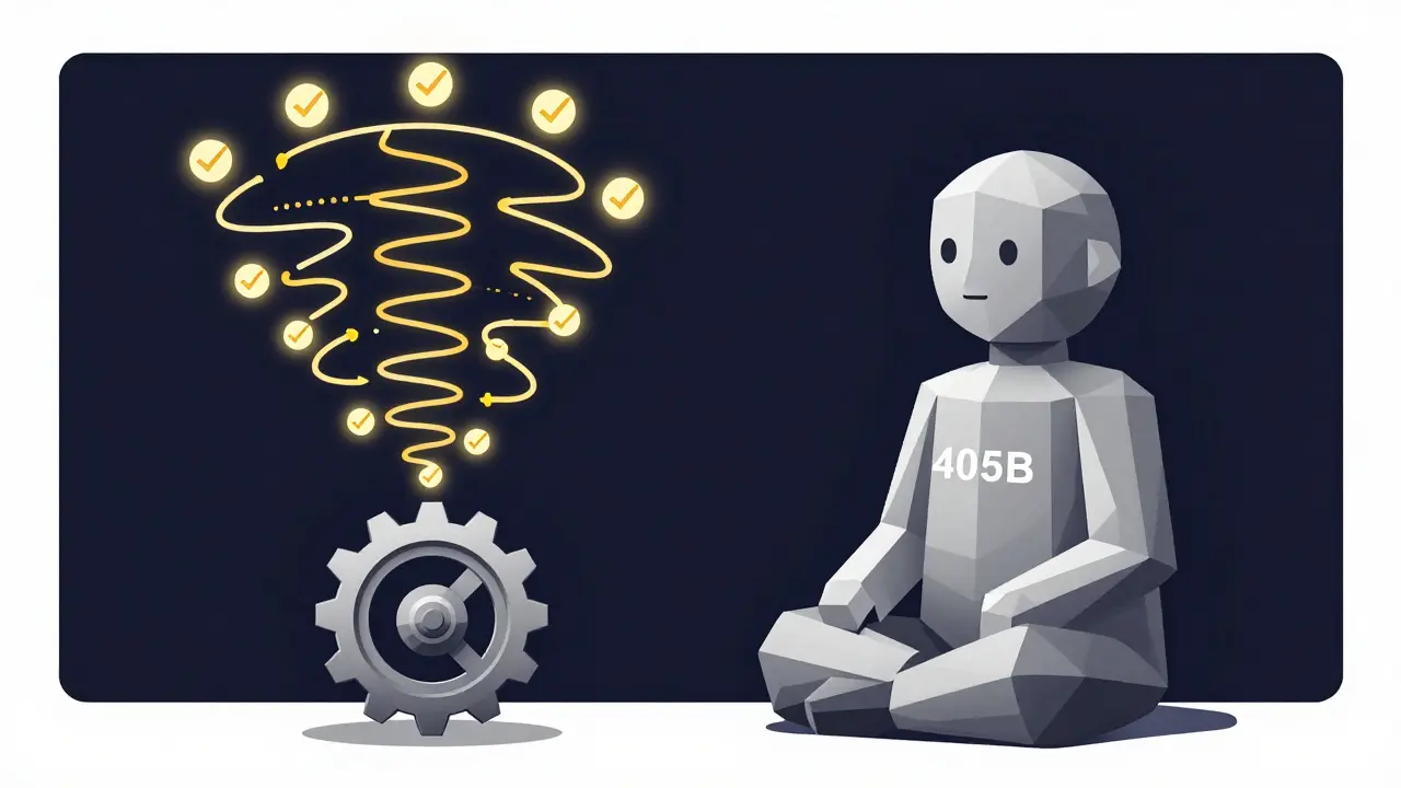 A small model generating 20 reasoning paths with checkmarks, outperforming a large model, symbolizing inference-time scaling.
