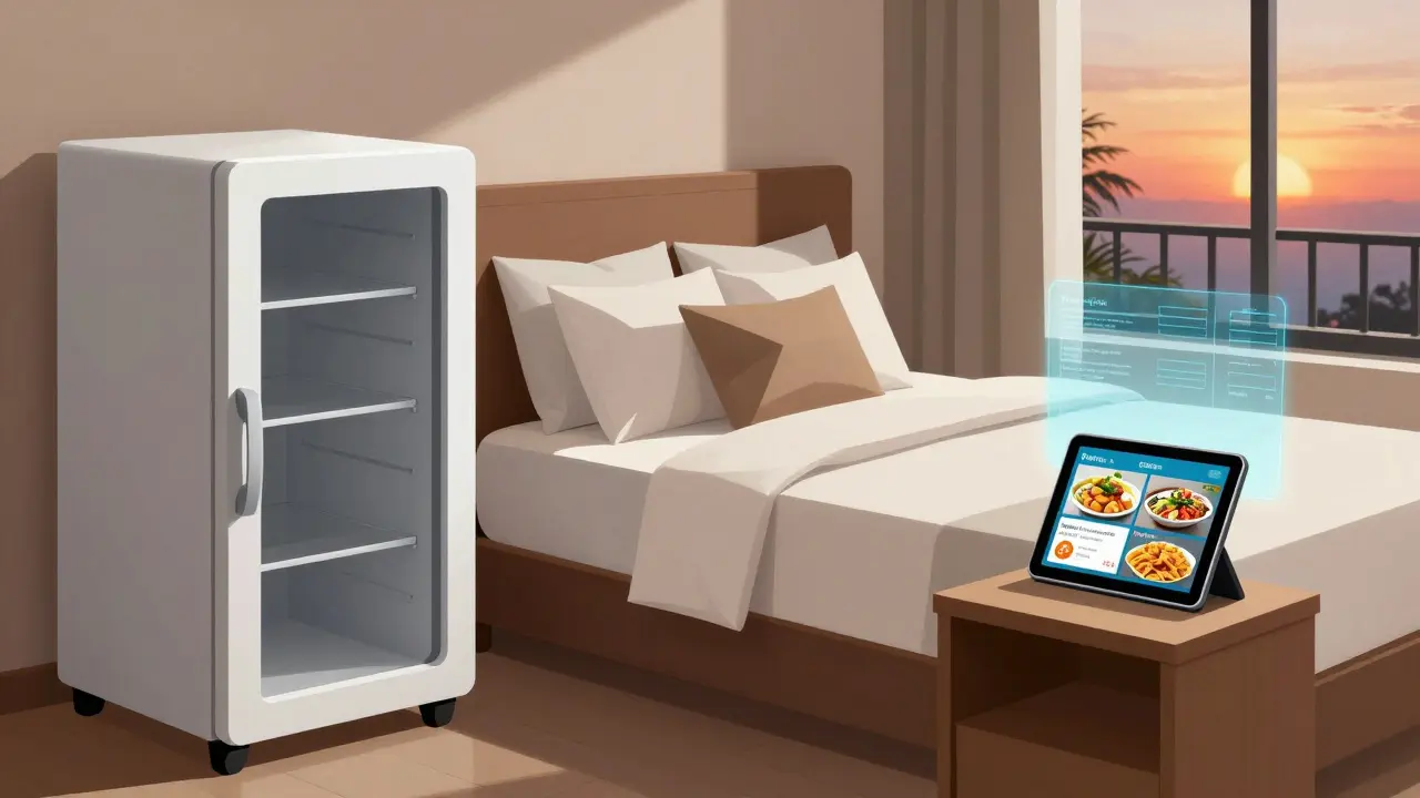 A smart hotel room with auto-adjusted amenities: pillows, empty minibar, and a tablet opening to a dinner menu at 8 p.m.
