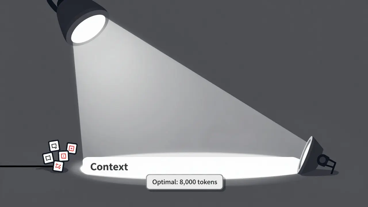 A spotlight highlights key details at the ends of a long context strip, with dimmed center and optimal token marker.
