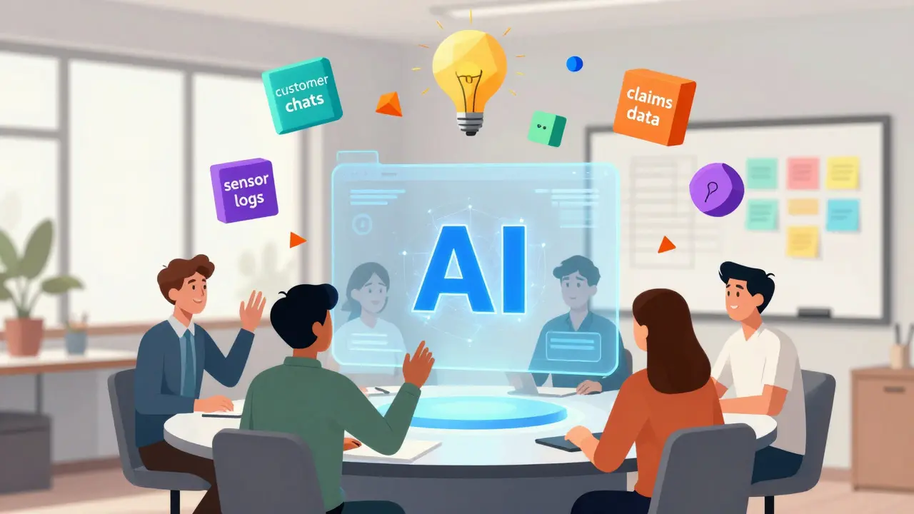 A team brainstorming with a floating AI interface, geometric blocks representing internal data and ideas.