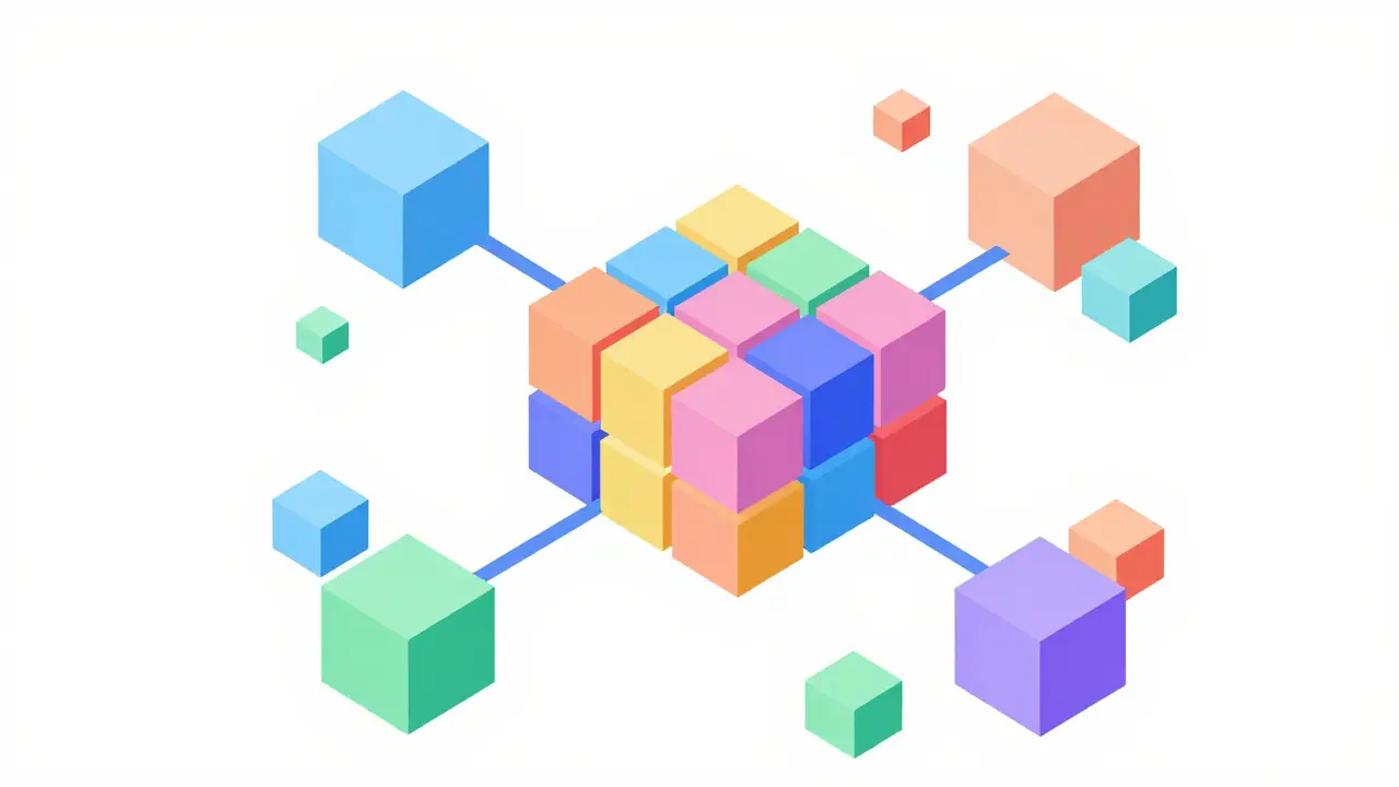 Abstract cubes merging into a central processor with data streams