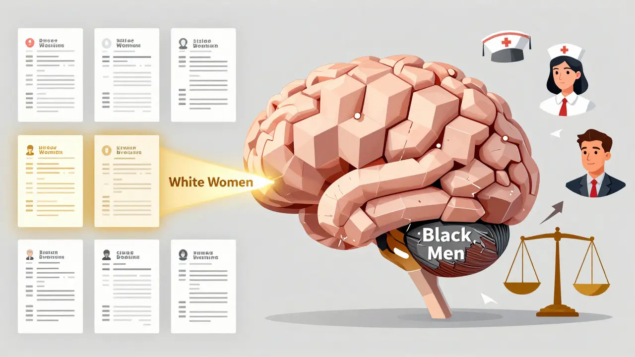AI brain receiving resume data, with gender and race streams showing unequal outcomes through color and shape.