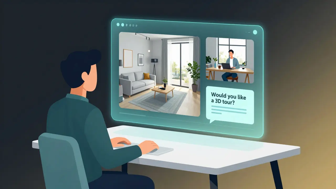 An agent interacting with an AI interface showing virtual staging, 3D tours, and chatbot responses in geometric illustration.