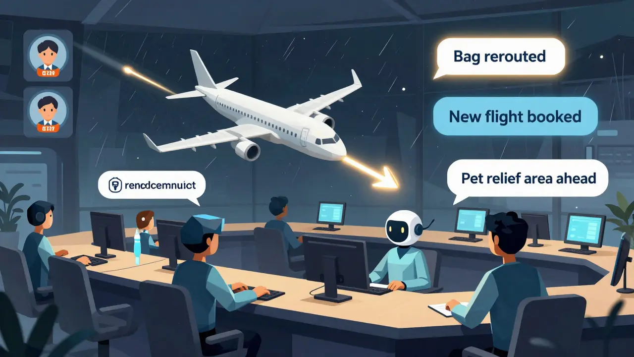 An airline AI system predicting flight changes during a storm, with passenger profiles and automated messages floating beside rerouted flight paths.