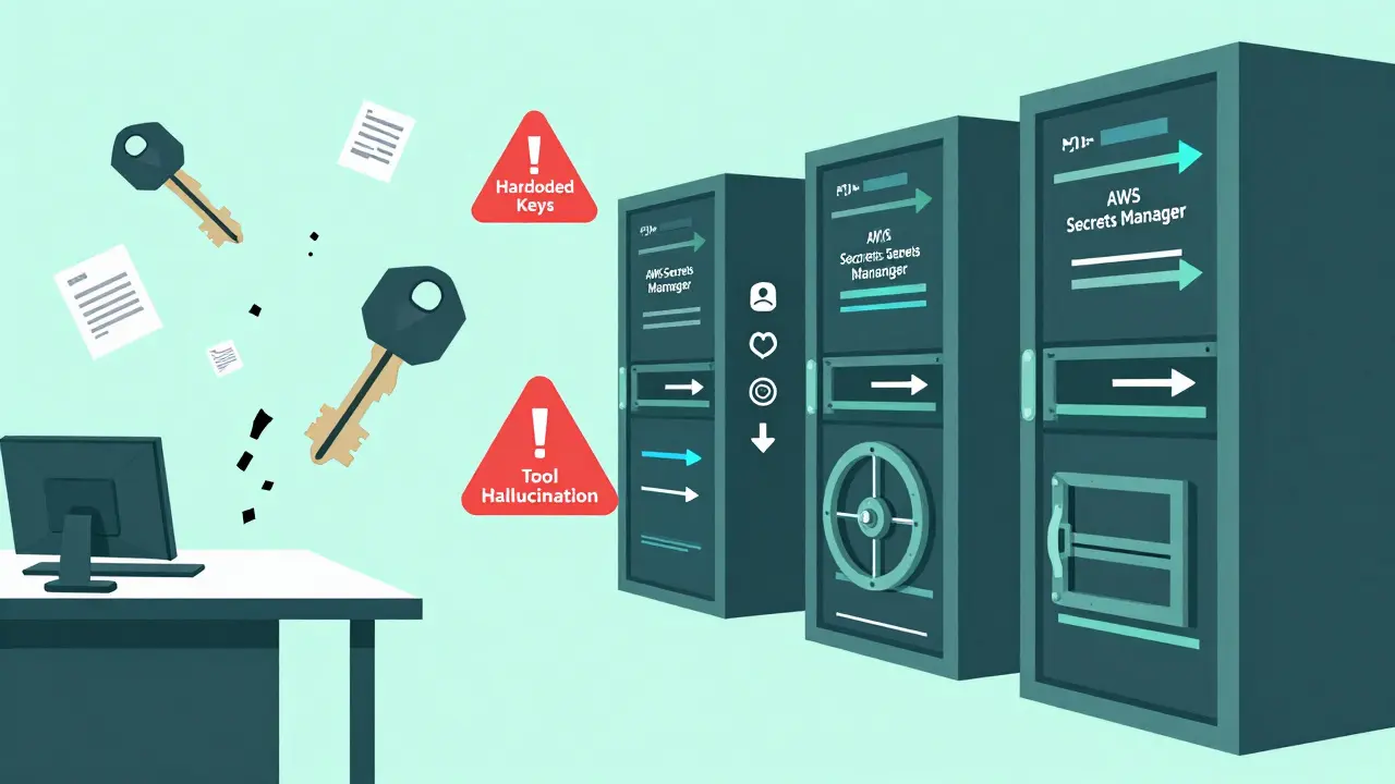 Chaotic insecure API keys vs. secure server room with vaults and proxy arrows.