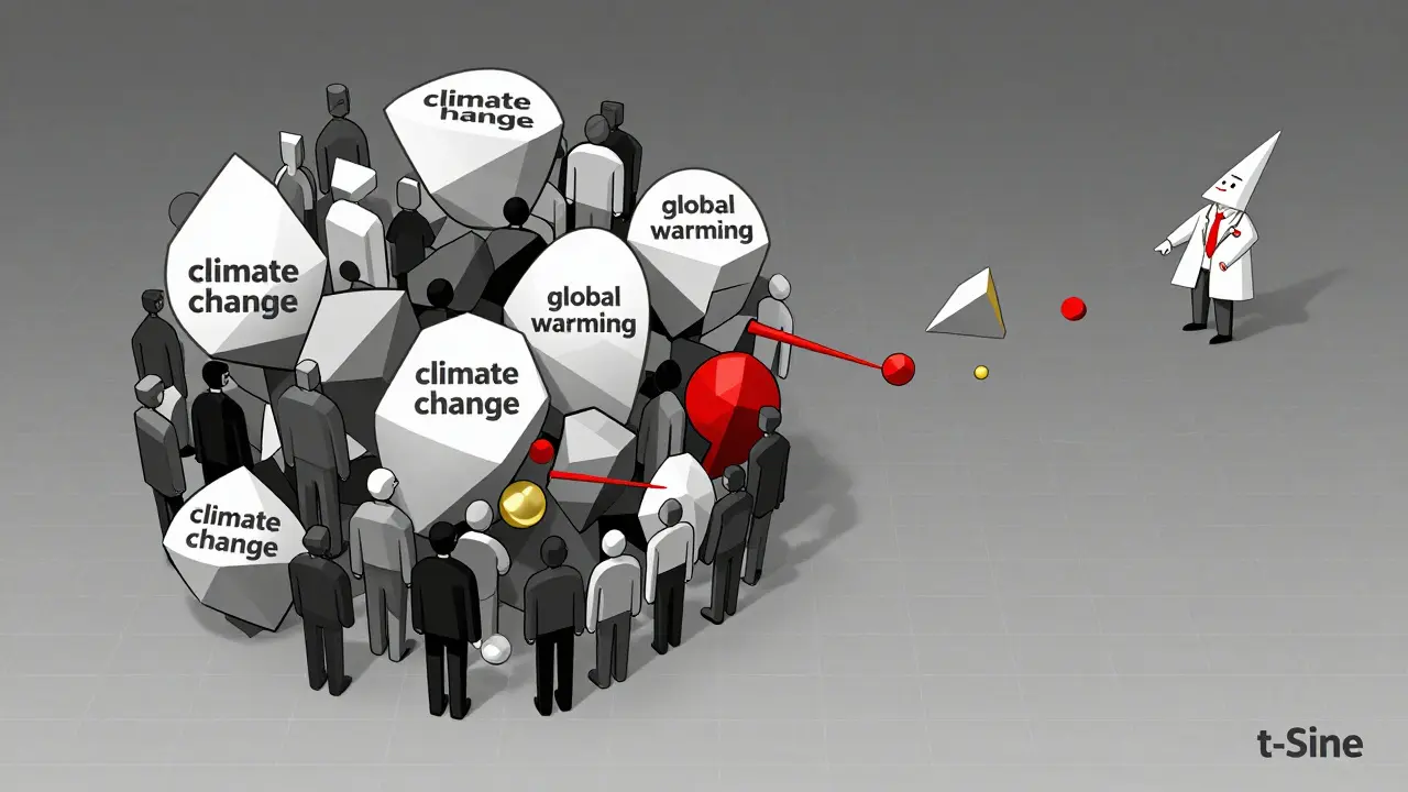 Clusters of semantic concepts in a 2D embedding space with bias outliers highlighted in geometric form.