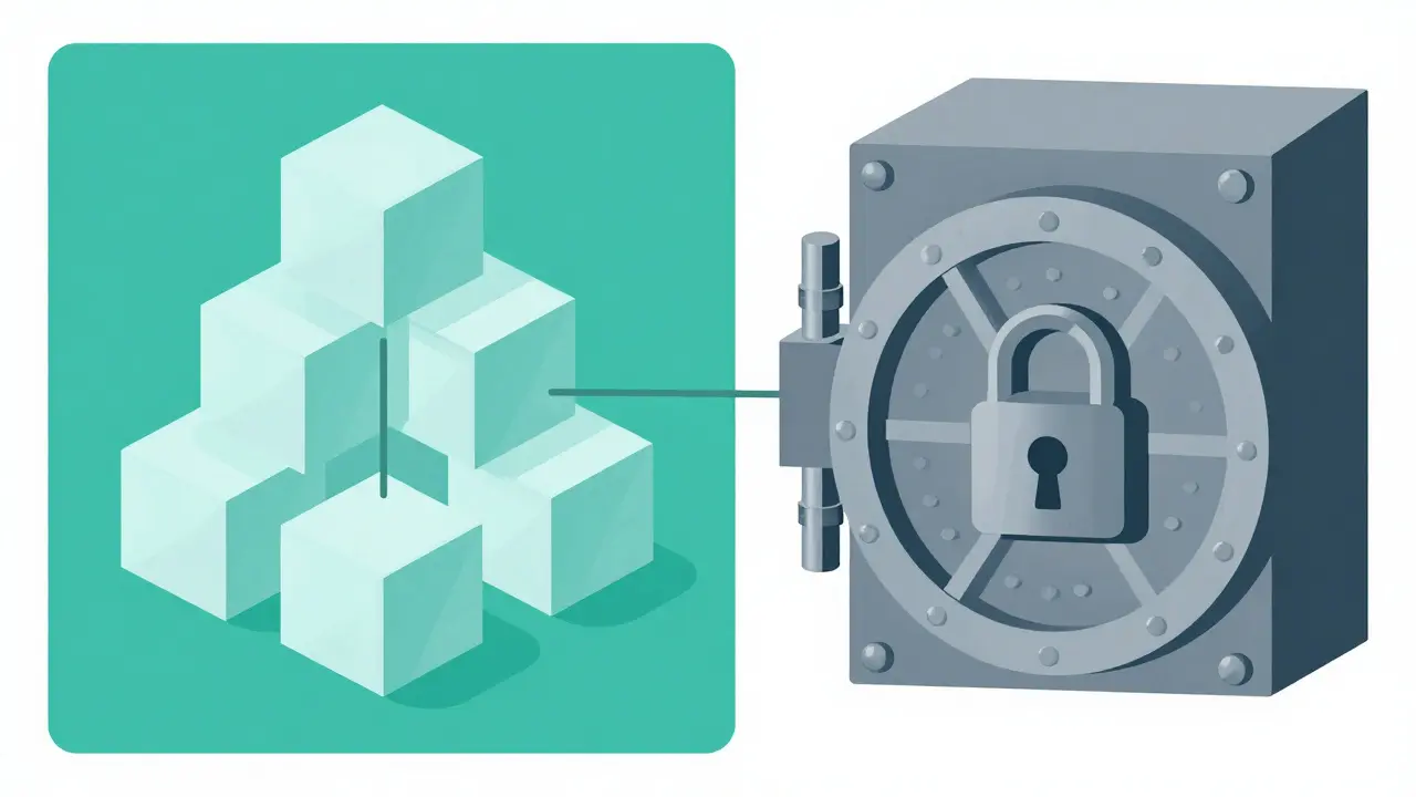 Code blocks connected to secure vault with padlocks