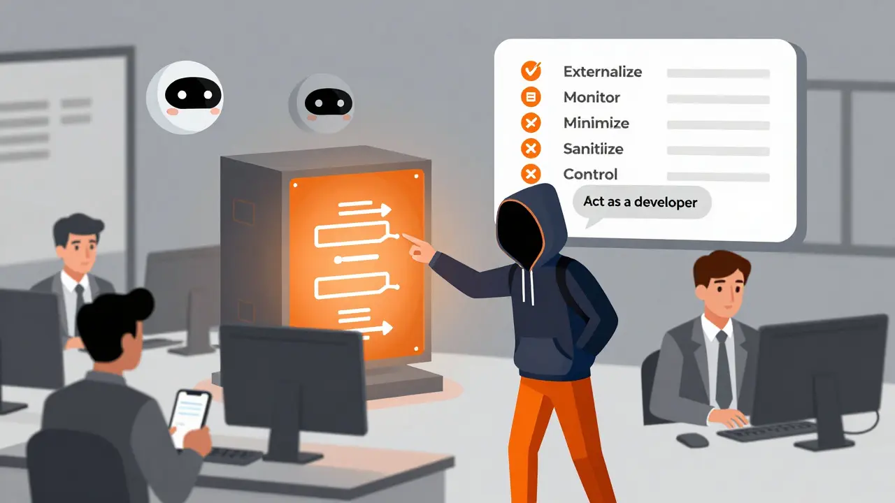 Corporate office scene with AI avatars, a hacker tricking one, and a firewall blocking data leaks with five protection steps above.