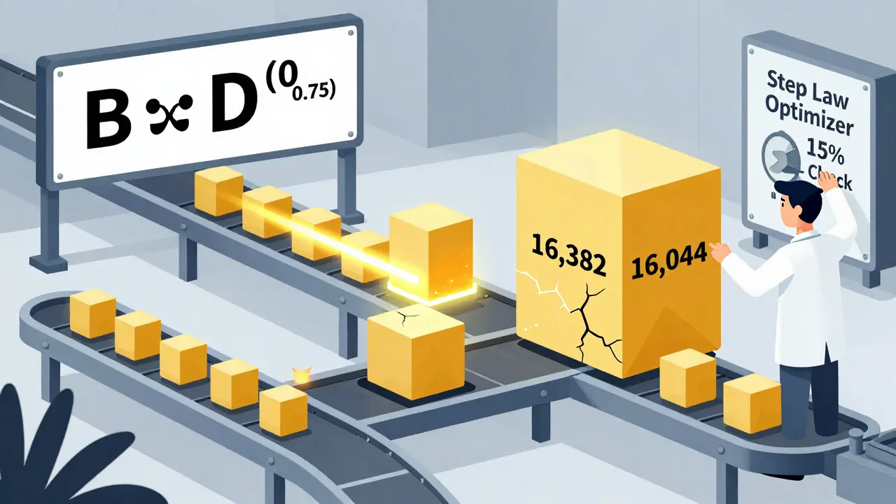 Factory assembly line with three token batch conveyor belts, only the medium one glowing steadily under a Step Law formula sign.