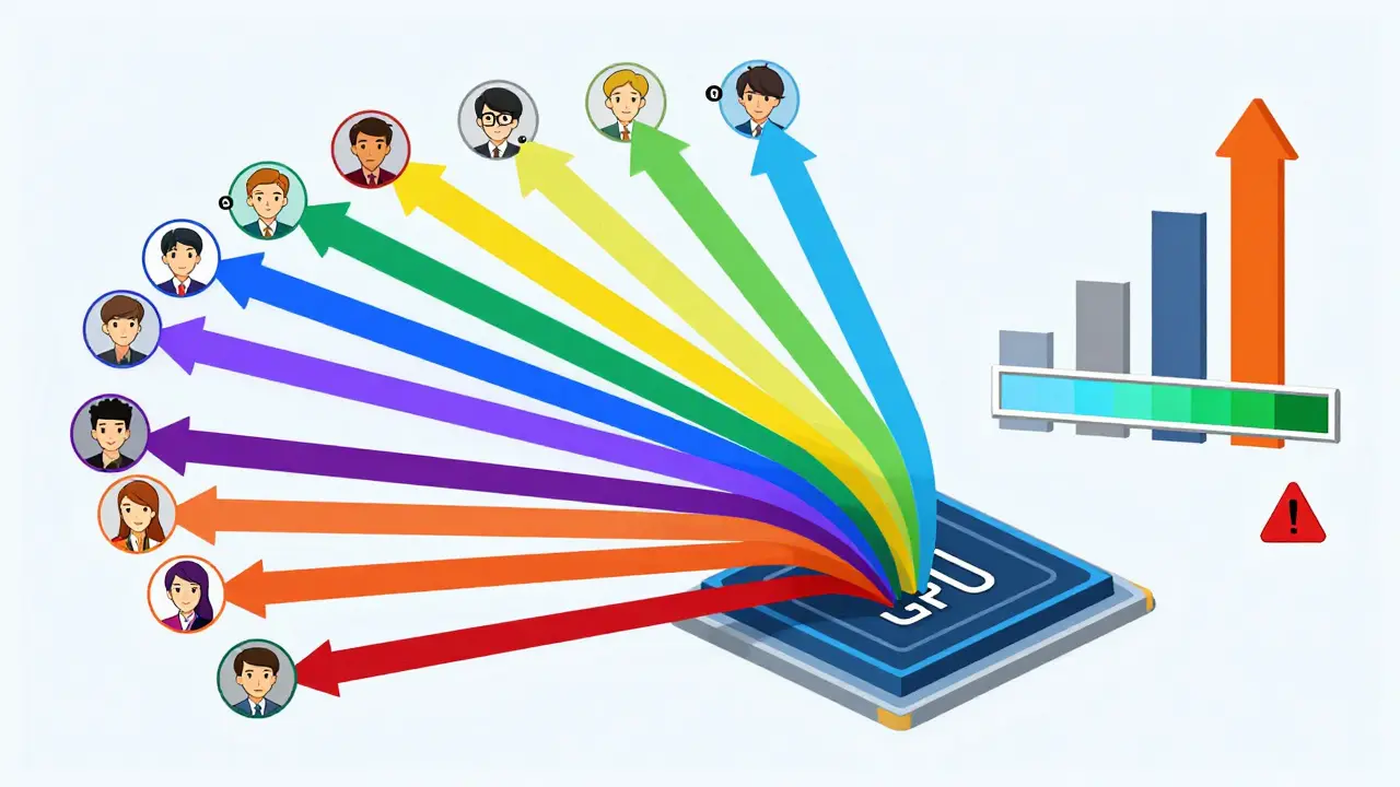Multiple user requests batched together on a GPU, with tokens at different stages processed simultaneously to boost throughput.