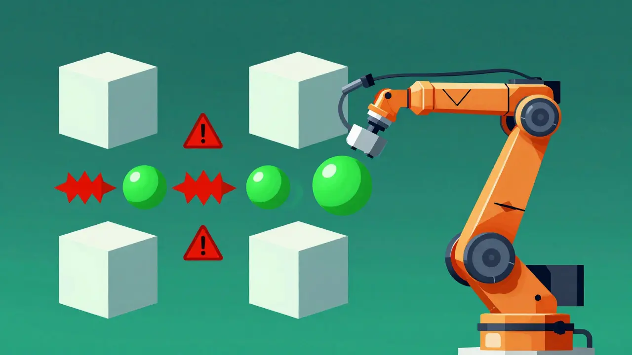 Robot arm adjusts floating cubes turning warning lights green