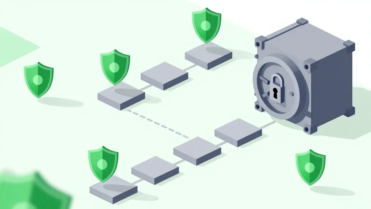 Secure workflow path with shields leading to a vault icon