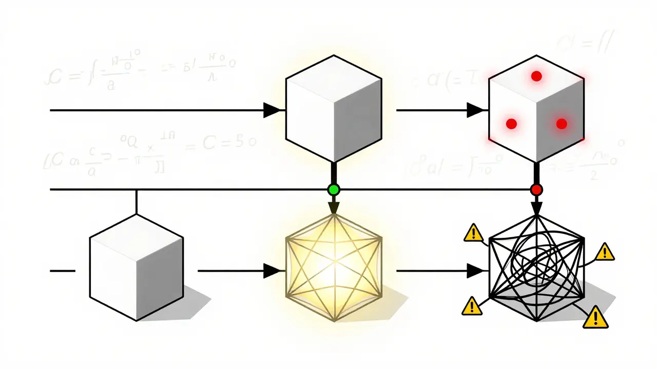 Side-by-side geometric comparison of one, two, and three-layer feedforward networks, highlighting stability and complexity.
