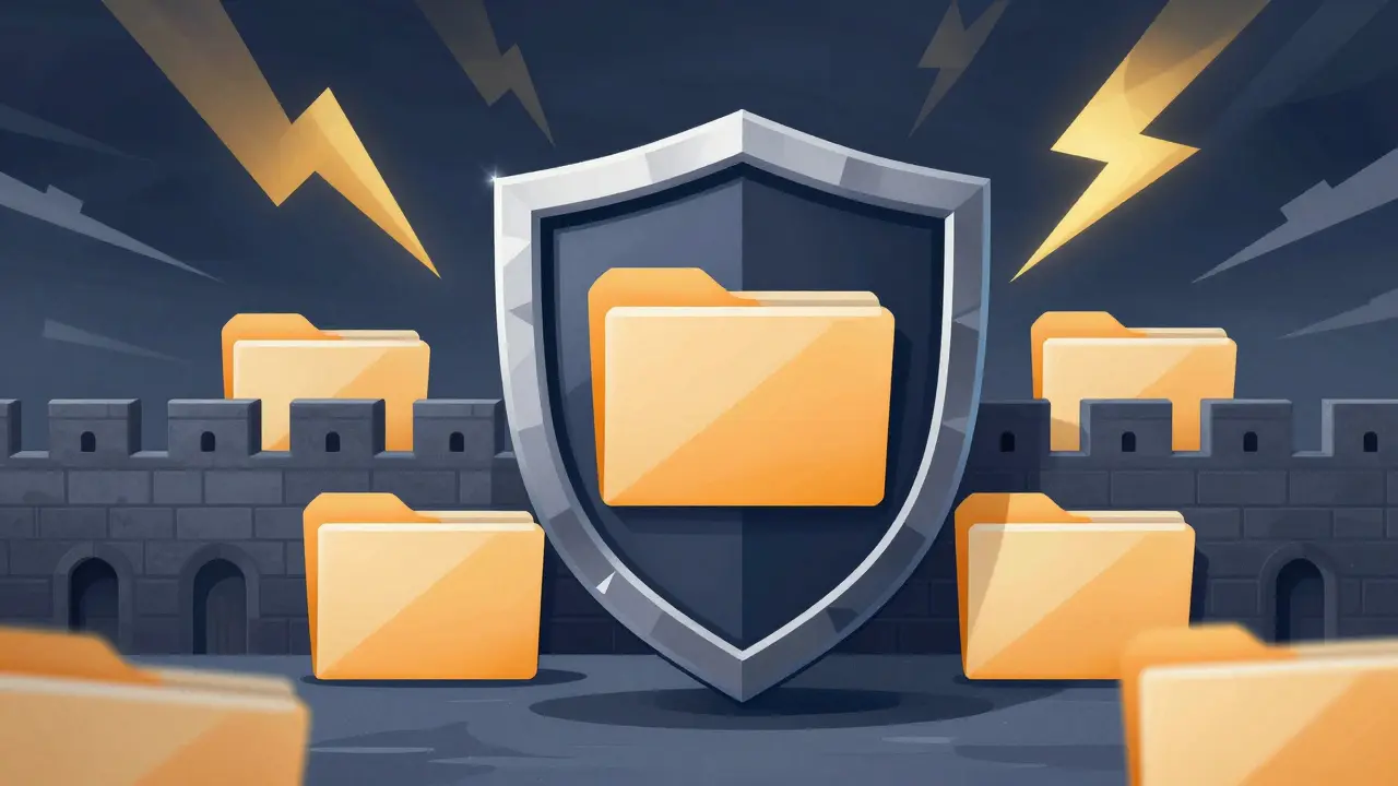 Stylized shield protecting records from legal risks visually