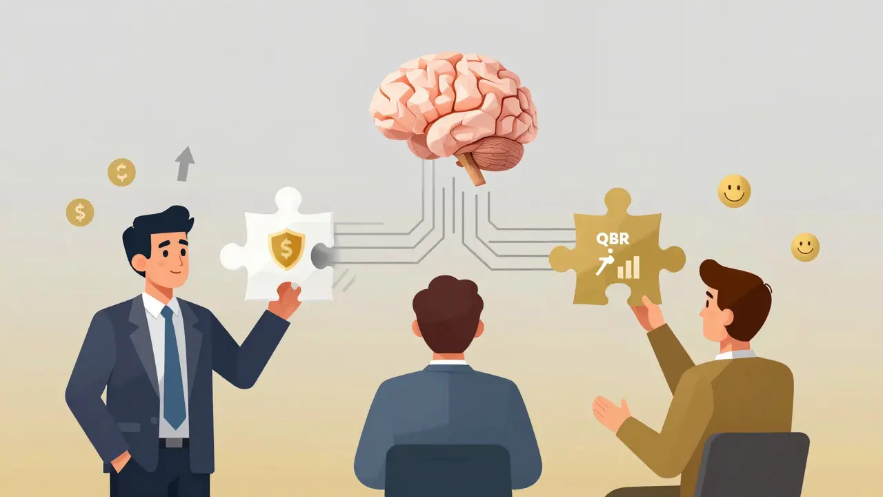 Three different audience personas view personalized QBR slides shaped as geometric puzzle pieces, all linked to a central AI brain.
