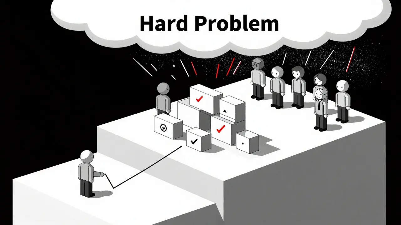 Three levels showing simple, medium, and hard math problems — small models succeed at first, large models excel in middle, both collapse at top.
