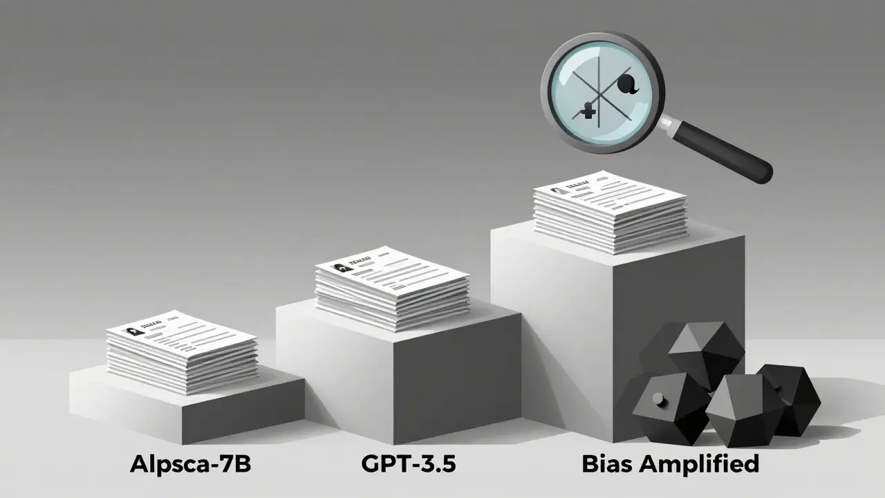 Three model sizes with resumes stacked unevenly, largest showing collapsed bias under heavy geometric weights.