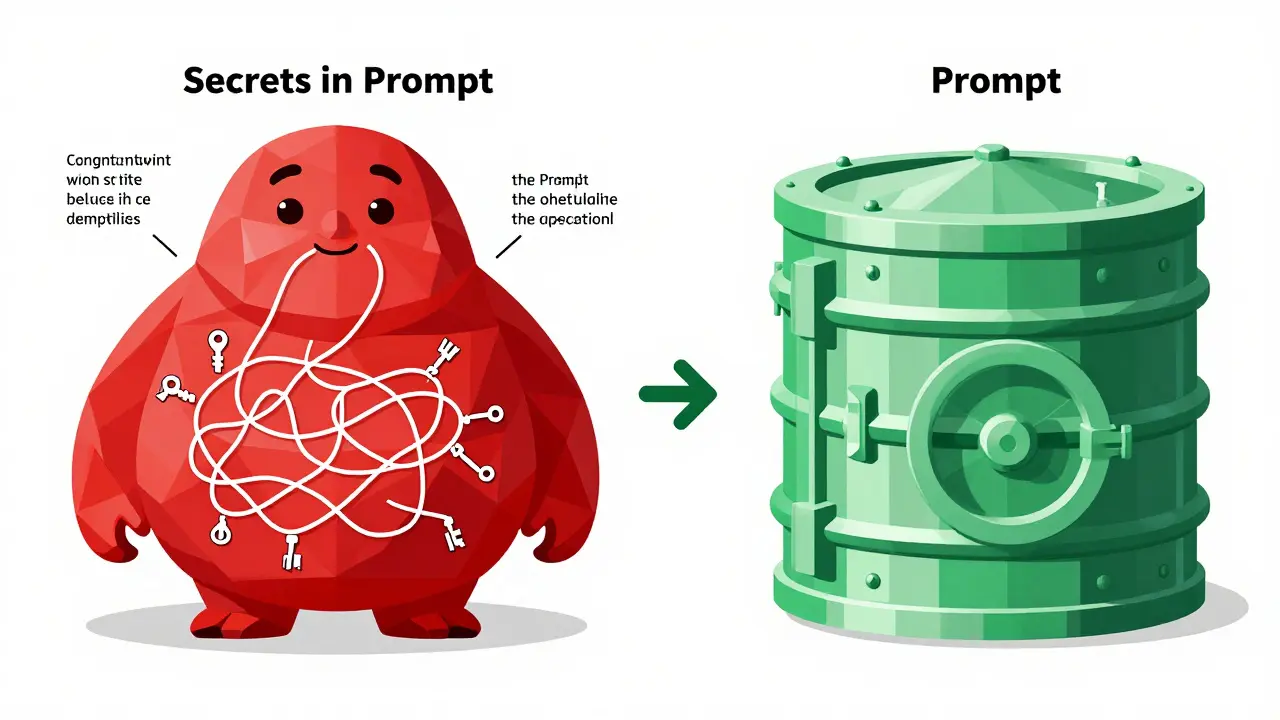 Two AI systems side by side: one cluttered with secrets, the other clean and secure, connected to a vault.