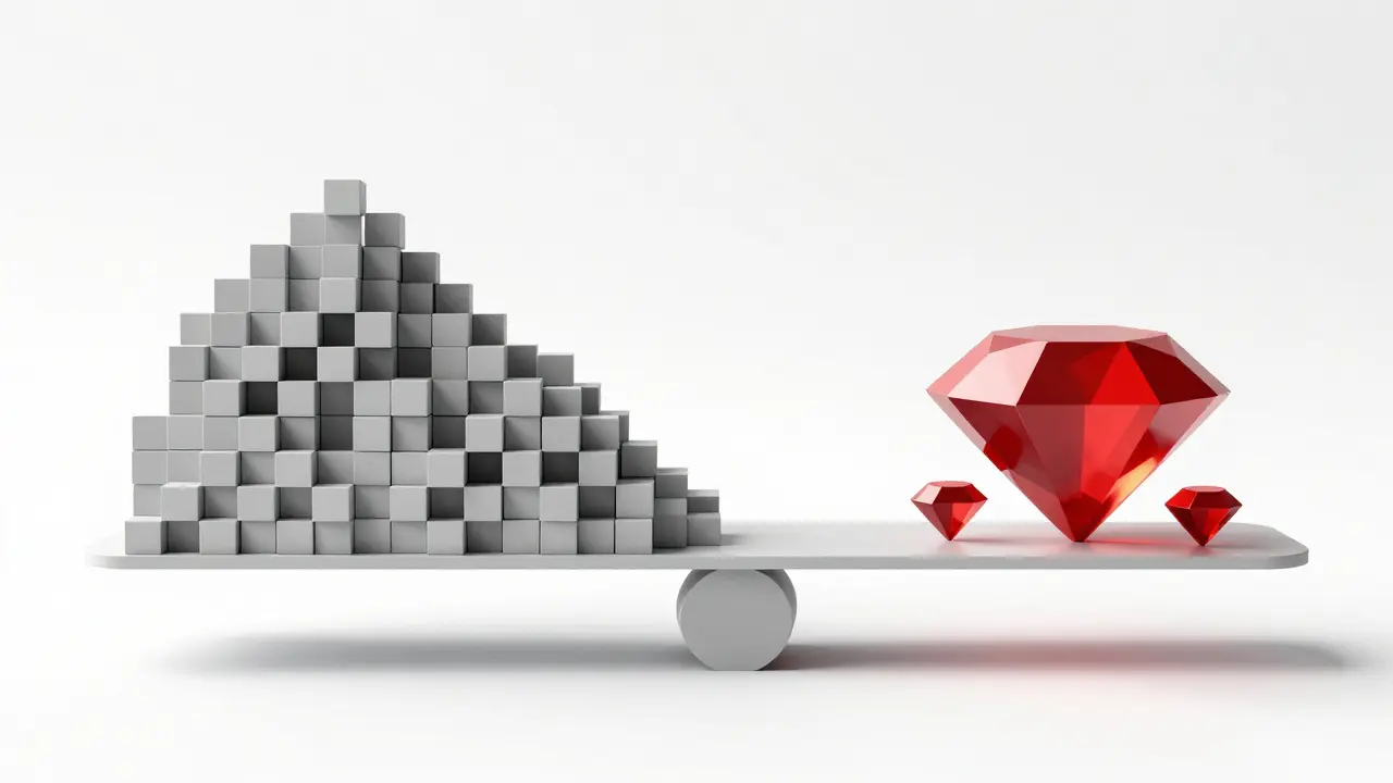 A balance scale comparing a mass of grey cubes to a few red diamonds