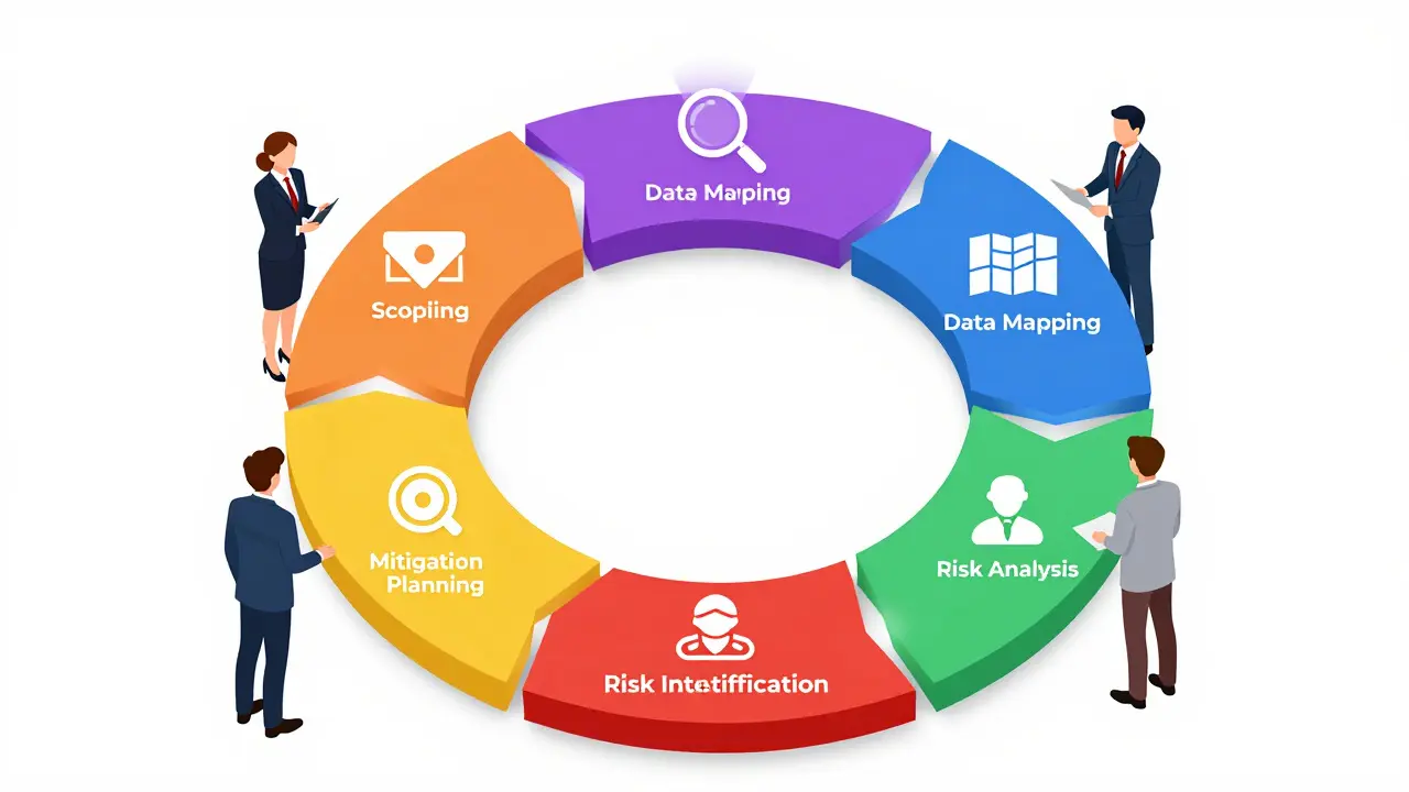 A colorful 6-phase geometric cycle showing the LLM privacy assessment process with a team.