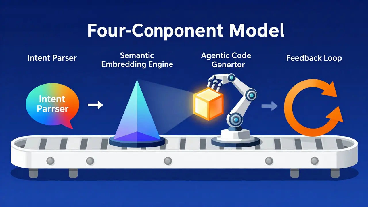 A geometric conveyor belt showing the four stages of a vibe-coding pipeline from intent to feedback.